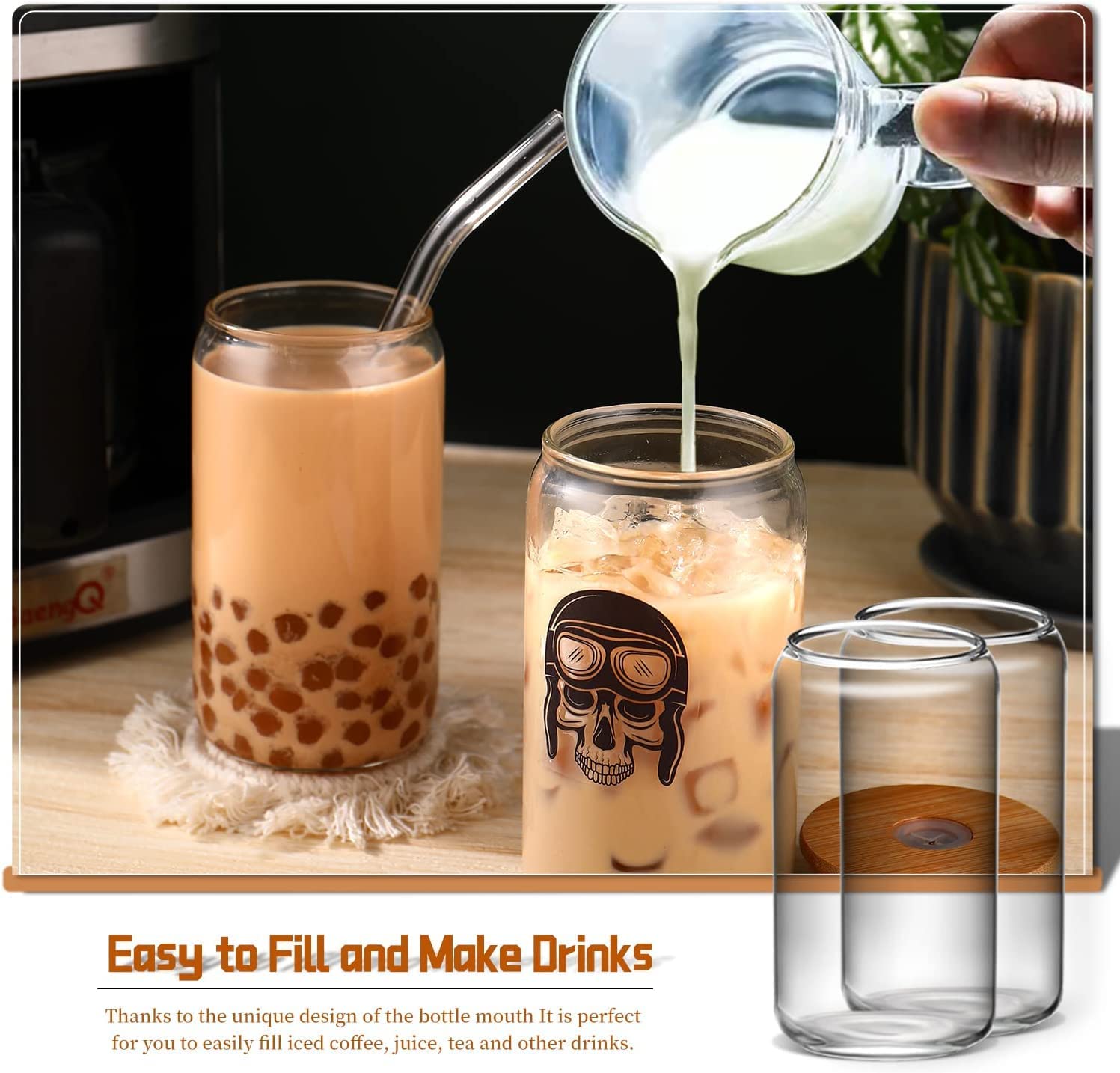DWTS DANWEITESI Glass Cups with Lids and Straws 6pcs Set 16oz Iced Coffee Cups，Glass Coffee Cups，Beer Can Glass with Lids and Straw - Image 2
